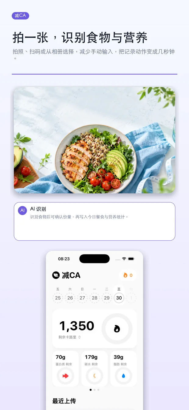 减 CA 拍照识别食物与营养的产品界面